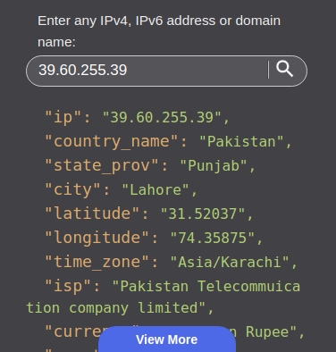 Response via Ip Geo Location API