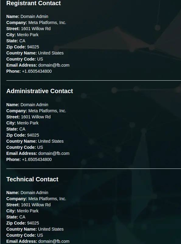 WHOIS Registrant, Administrative, and Technical Contact Details